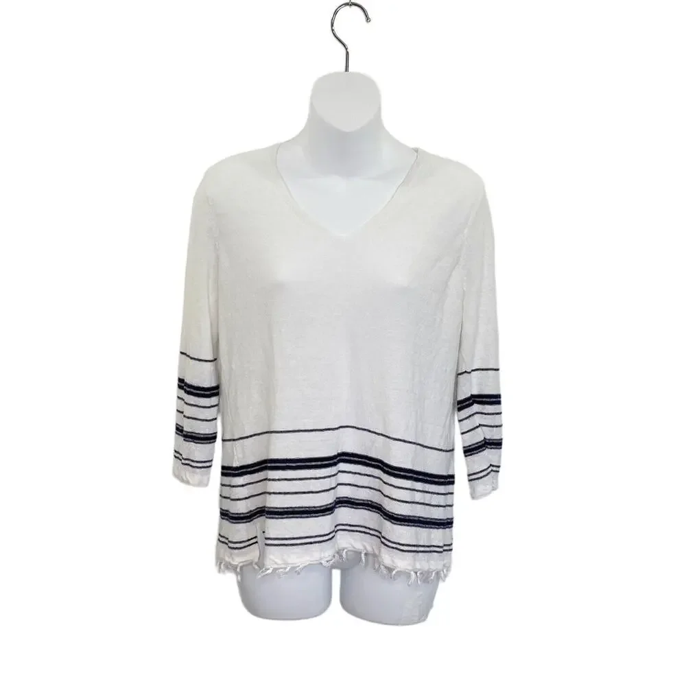 Talbots Petite Womens Linen Sweater‎ Sz Mp Tasseled Hem 3/4 Sleeve White Striped